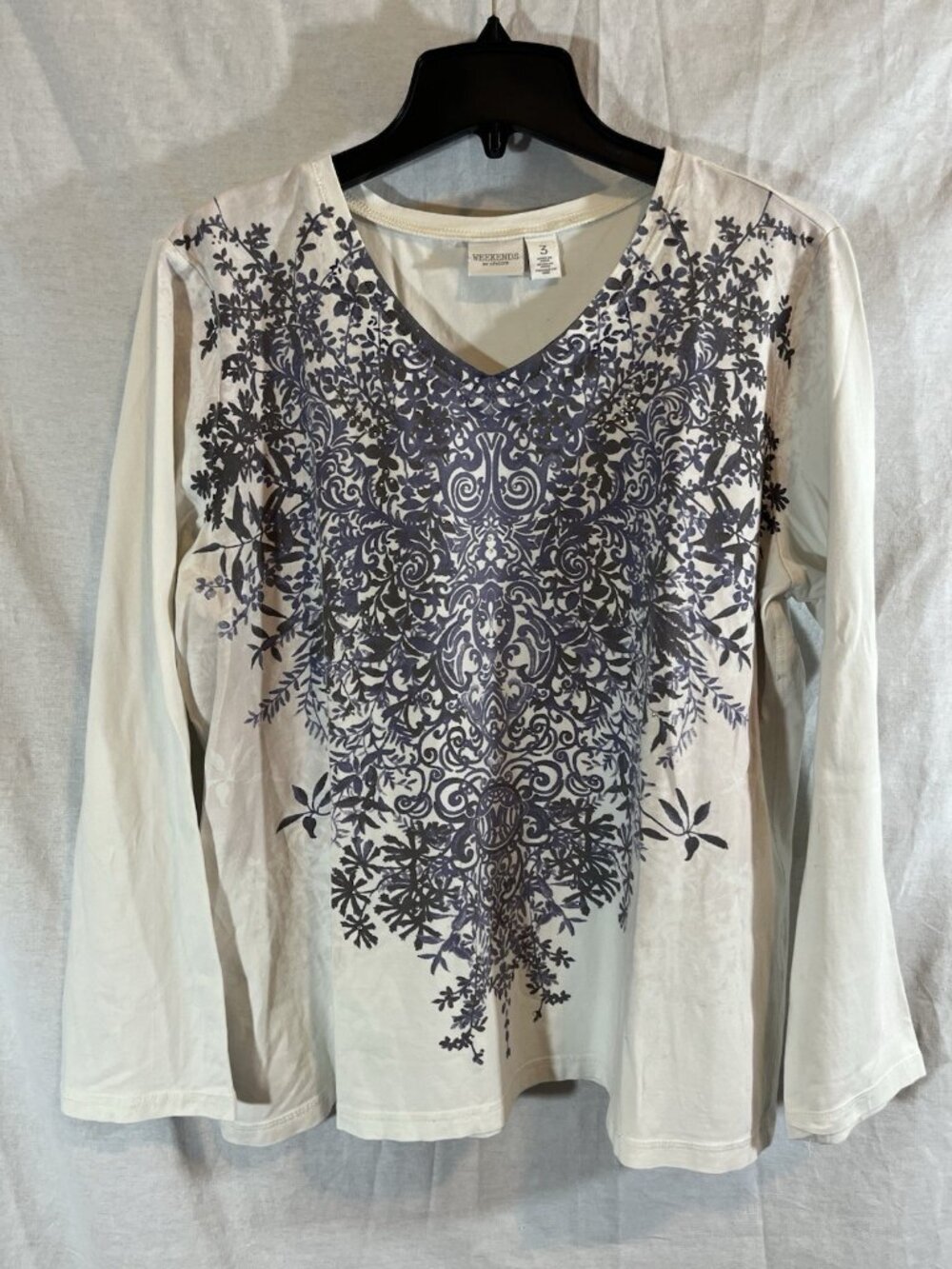 Weekends By Chicos Women’s Size 3 (XL) White & Purple Floral Long Sleeve Blouse